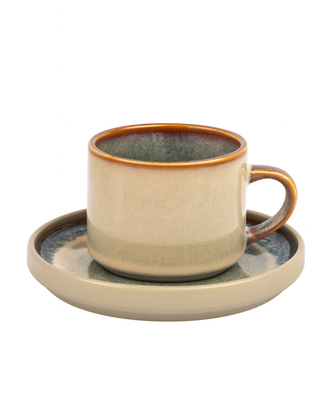 Tassen-Set mit Untertassen – Tondo Beige – Kaffeeservice für 2 Personen, beige mit grau-braunen Akzenten
