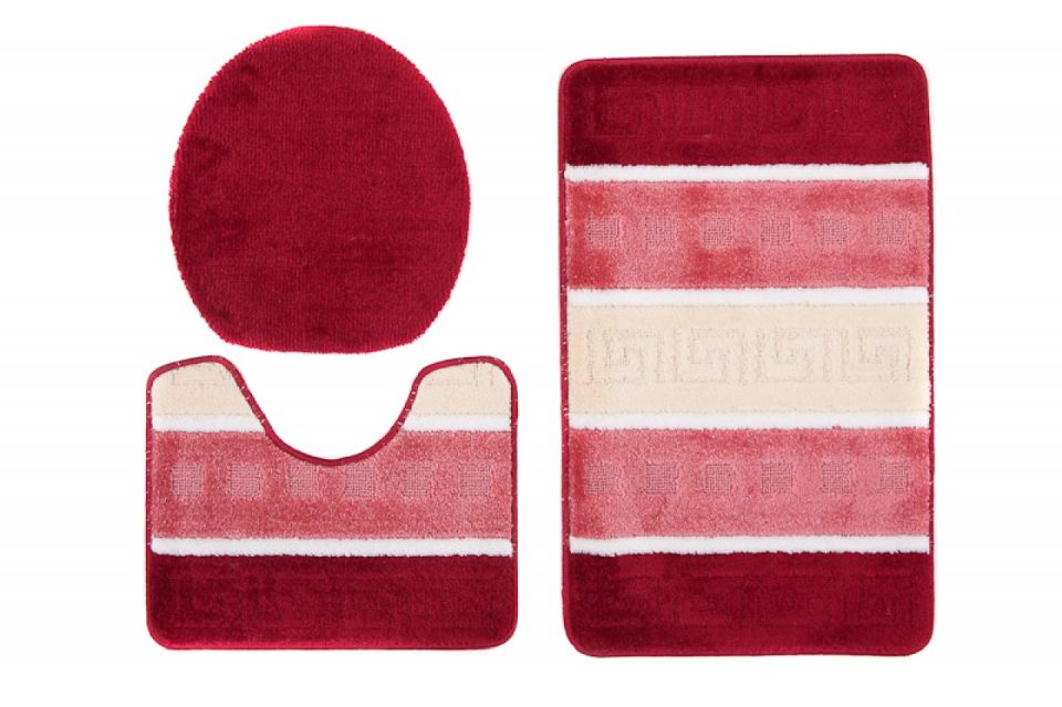 Badezimmerteppich 3-teiliges Set MULTI C5016 RED – rutschfest, gestreift, rot, cremefarben