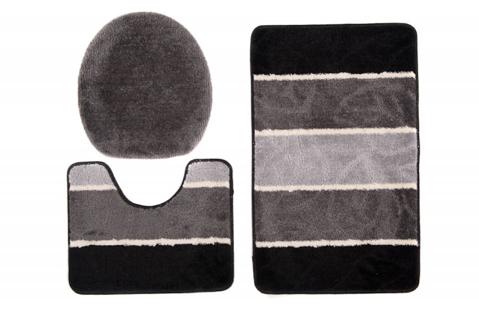 Badezimmerteppich 3-teiliges Set MULTI C5019 BLACK – rutschfest, Streifen, schwarz, grau