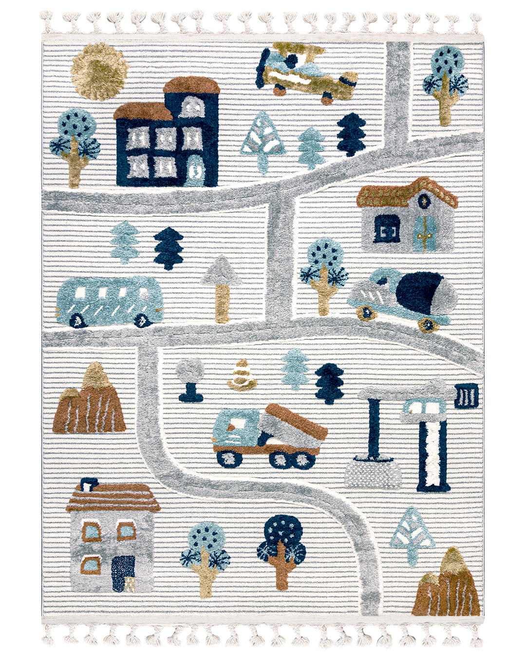 Kinderteppich mit Fransen - Buffo Lilu - Straßen, Wege, cremefarben, blau, braun