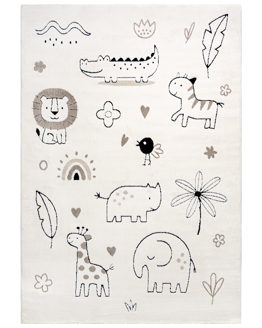 Kinderteppich mit Tiermotiv - Elche Animales - Schwarz, Creme, mittelhoher Flor