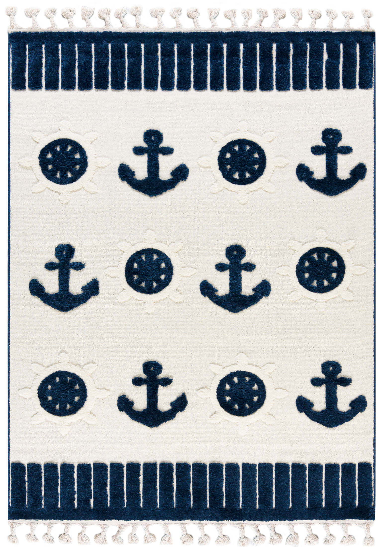 Kinderteppich mit Fransen – Buffo Mare – Anker, marineblau, cremefarben