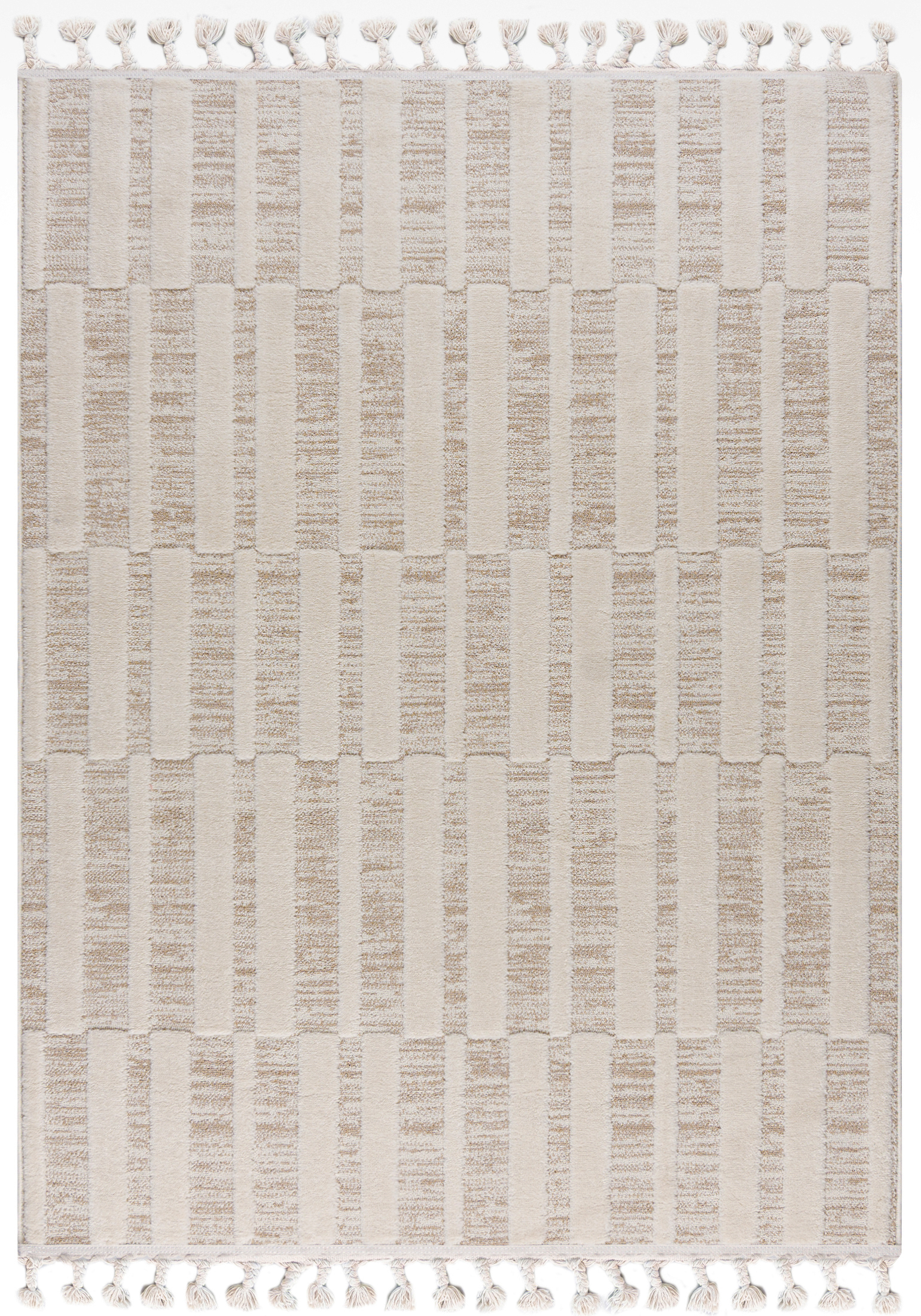 Moderner Retro-Teppich – Pisa Orzo – mit Fransen, cremefarben, beige