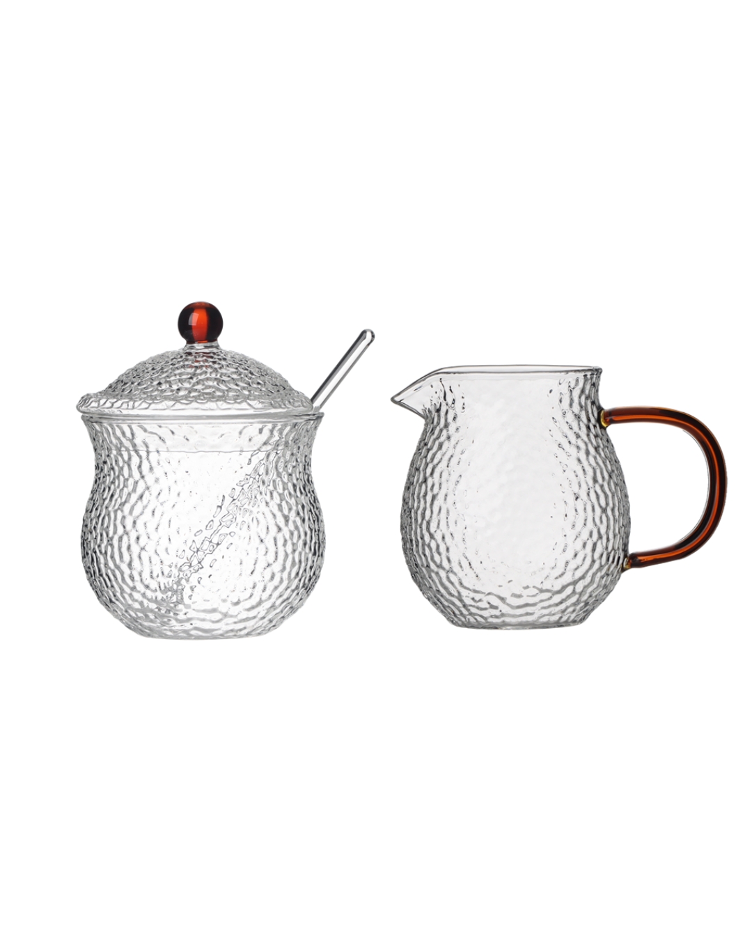 Zuckerdose 250 ml und Milchkännchen 250 ml, Set aus Borosilikatglas - Caldi Petril - transparent, Griff in Bernsteinfarbe