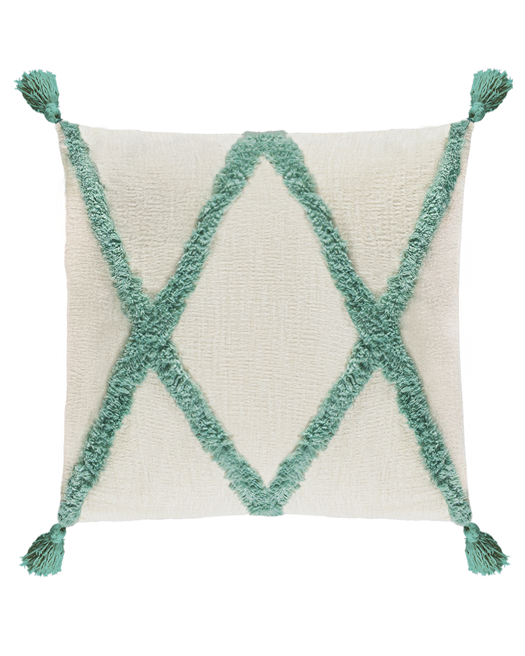 Dekokissen mit Füllung, 45 x 45 cm – Rombo Menta – mit Fransen, bestickt, cremefarben, salbeifarben