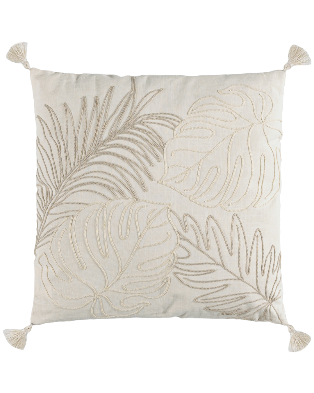 Dekokissen mit Füllung, 45x45 cm – Monstera Crema – mit Fransen, Pflanzenmotiv, beige