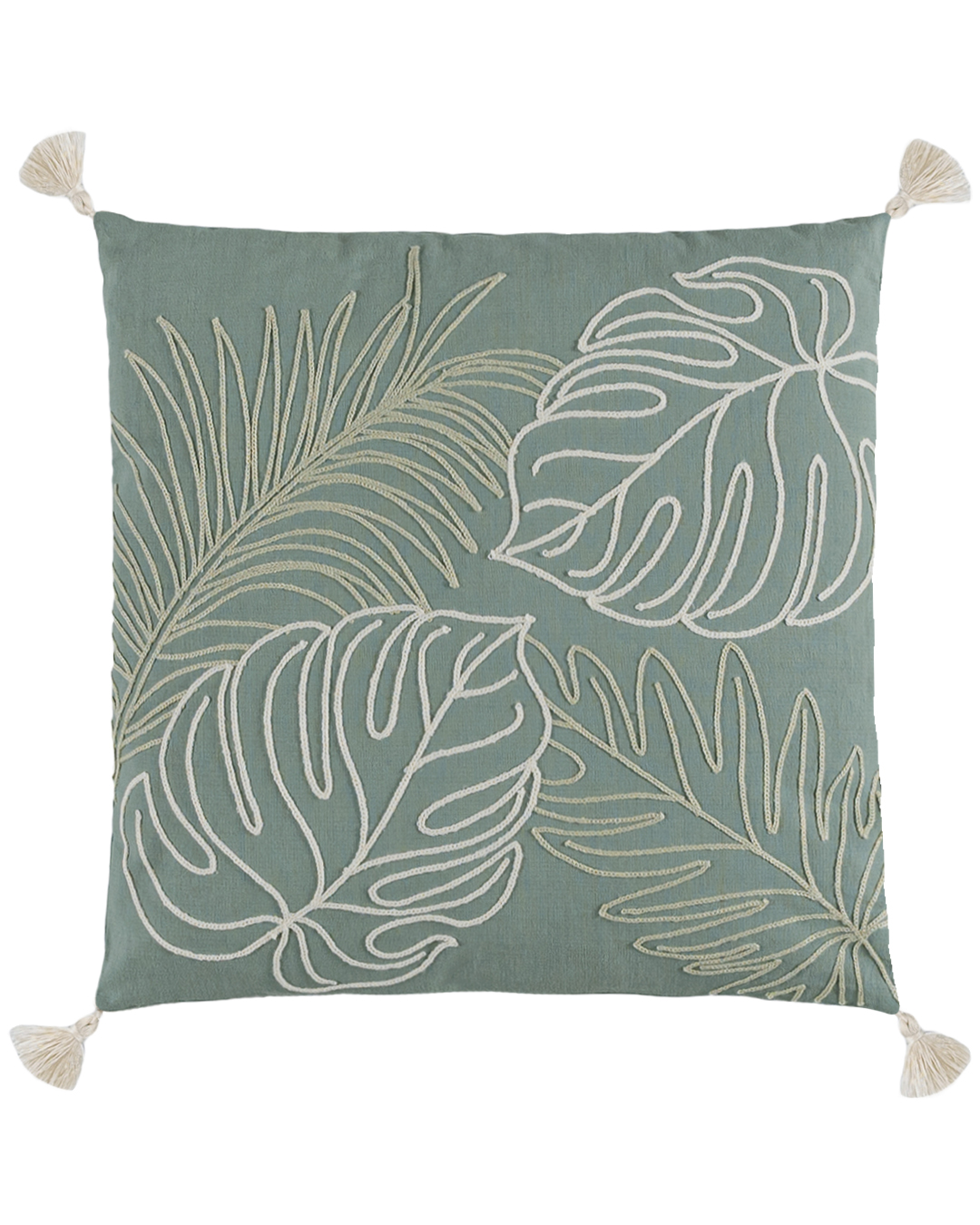 Dekokissen mit Füllung, 45 x 45 cm – Monstera Verde – mit Fransen, Pflanzenmotiv, grün