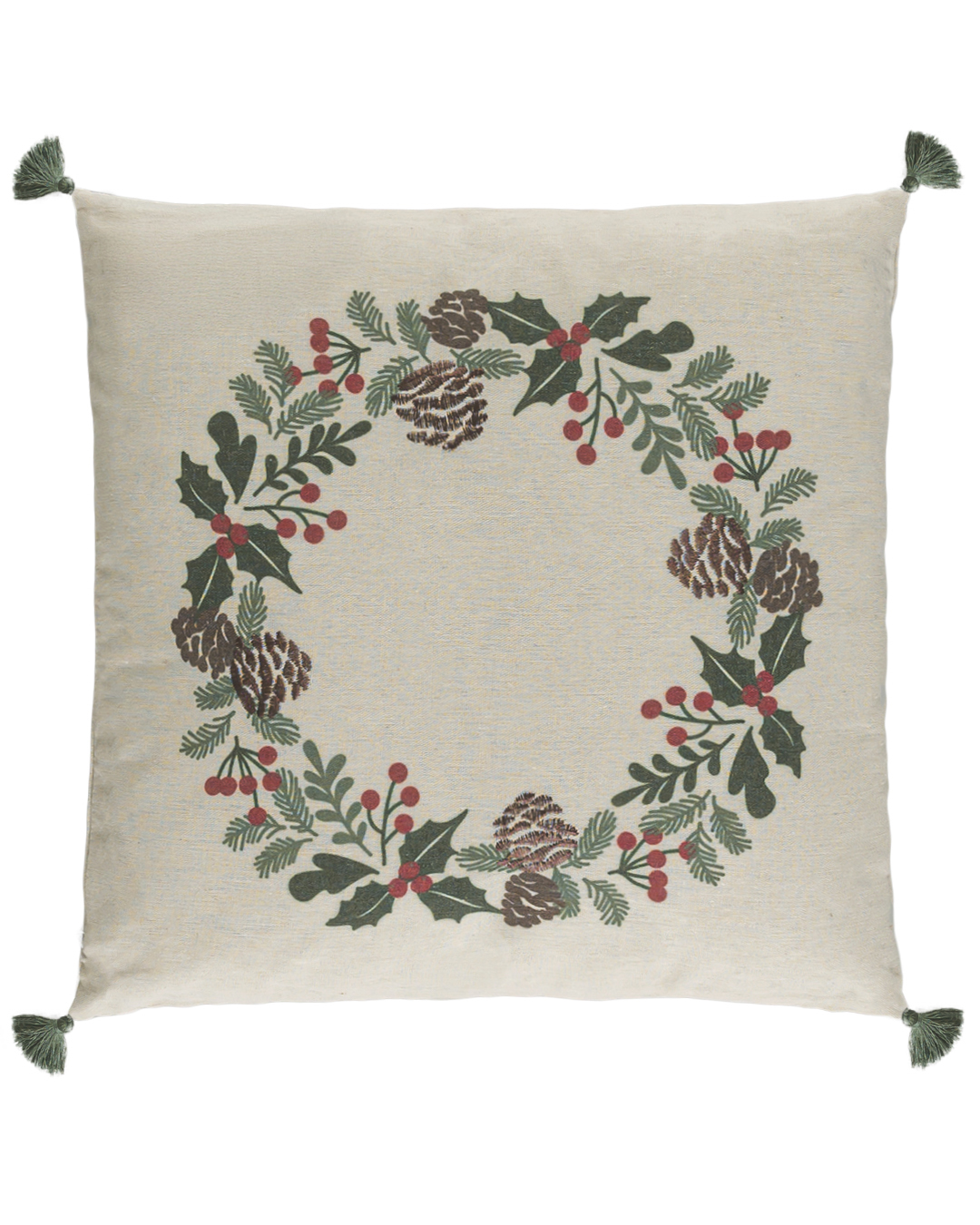 Dekokissen mit Füllung, 45x45 cm – Canto Dono – mit Fransen, weihnachtlich, Mistelzweig, cremefarben