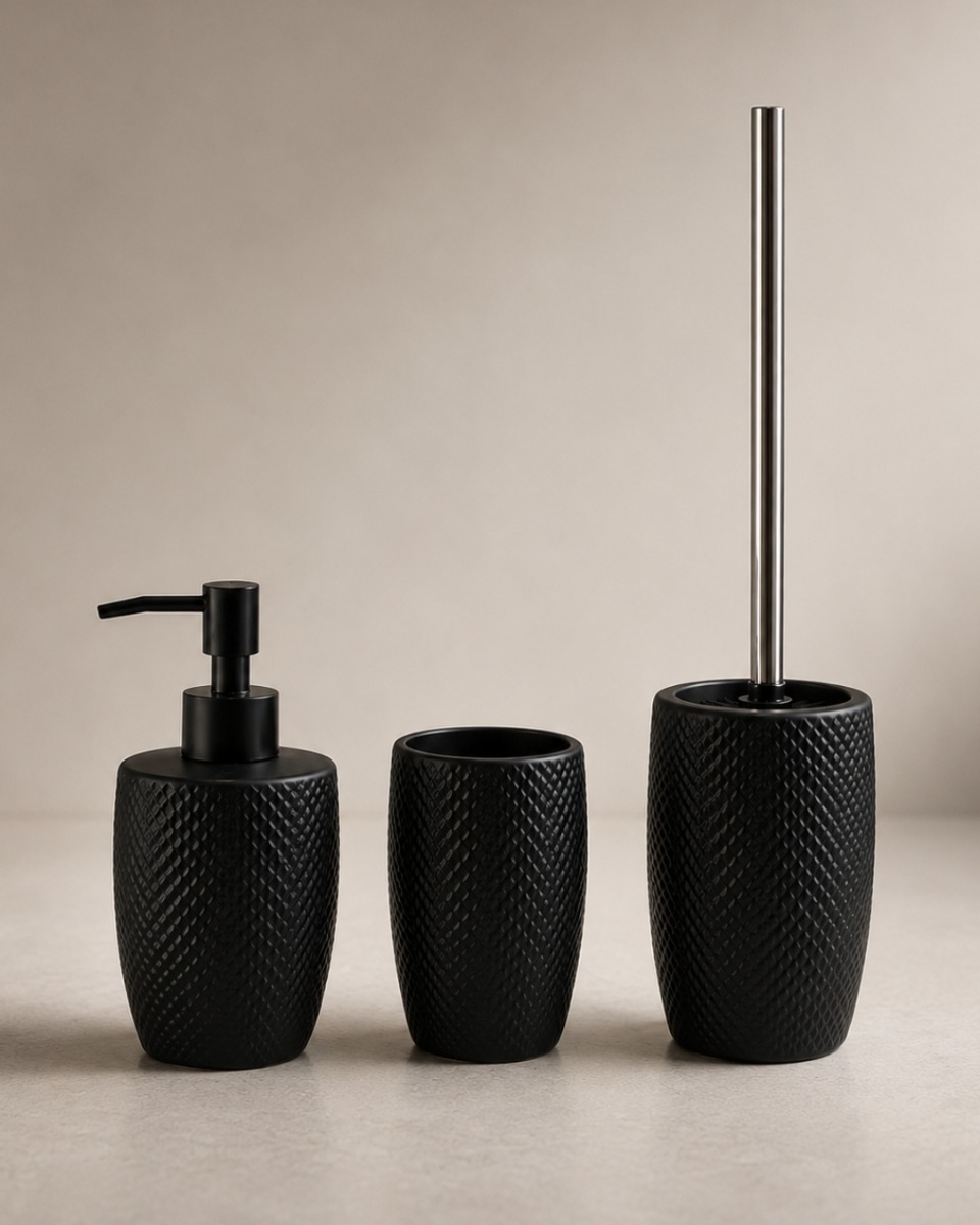 Badezimmer-Set Pura – Zahnputzbecher, Seifenspender und WC-Bürste – schwarz, modern