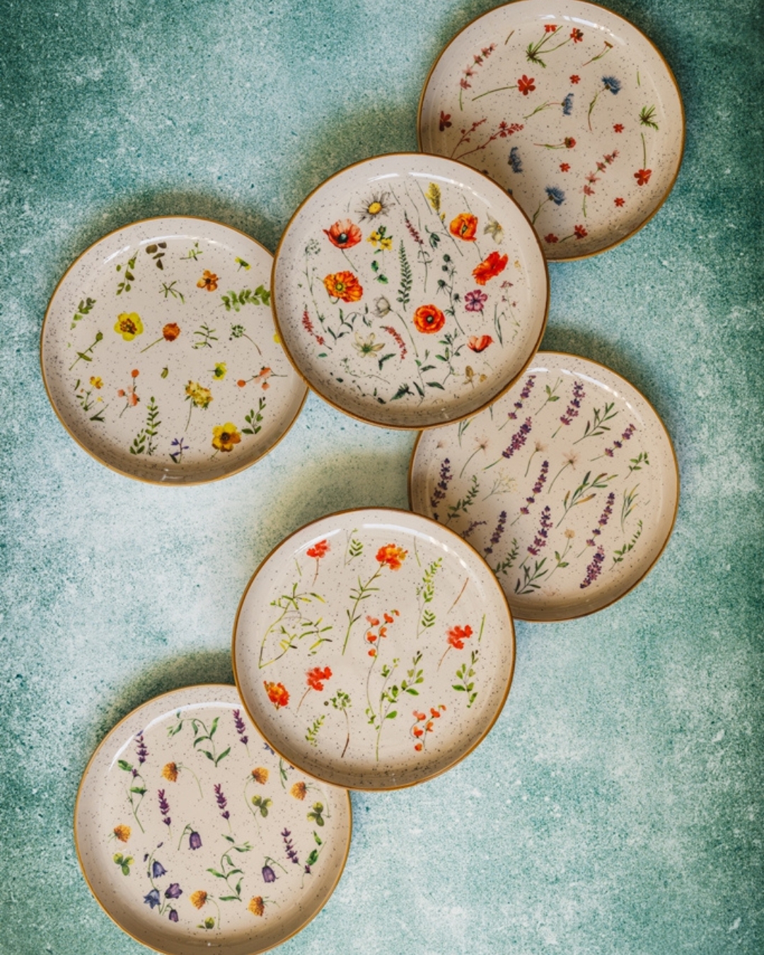 Dessertteller, rund 19,5 cm Set 6 Stück - Fiori Ilaria - beige, Wildblumen, Blumenmotiv, Mustermix