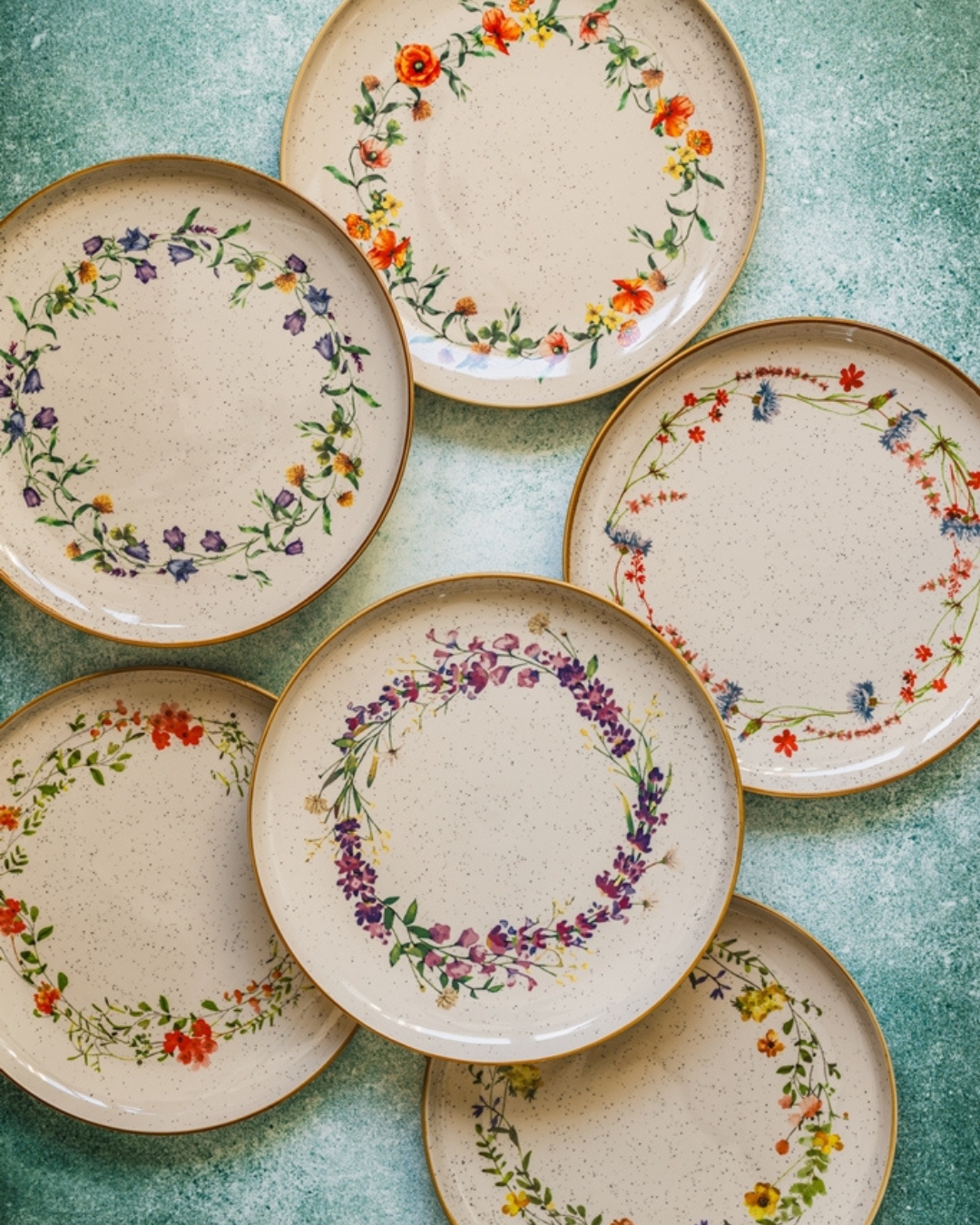 Speiseteller, rund 27 cm Set 6 Stück - Fiori Gusto - beige, Wildblumen, Blumenmotiv, Mustermix